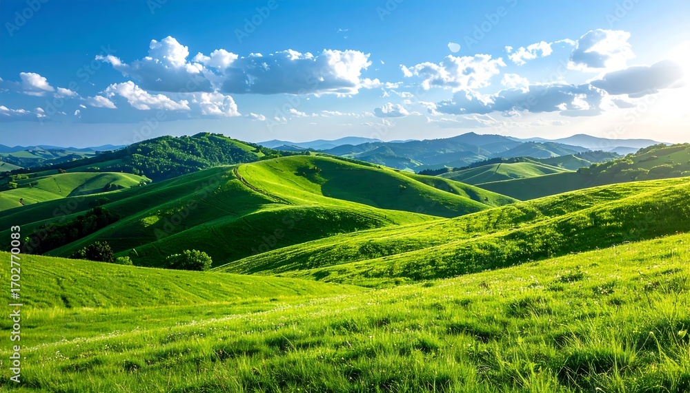 Fototapeta premium Rolling Green Hills Under a Sunny Sky.
