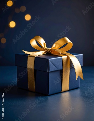 Luxurious dark blue gift box with golden ribbon