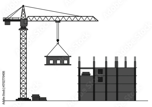 Construction Crane Lifting Concrete Block.