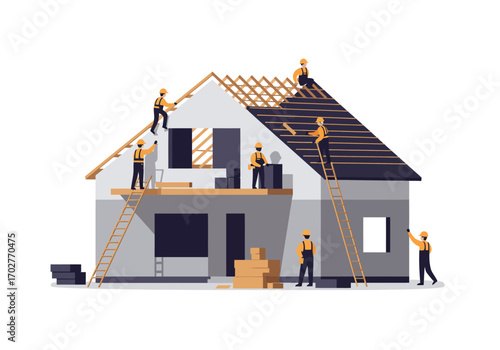 Construction Workers Building a House.