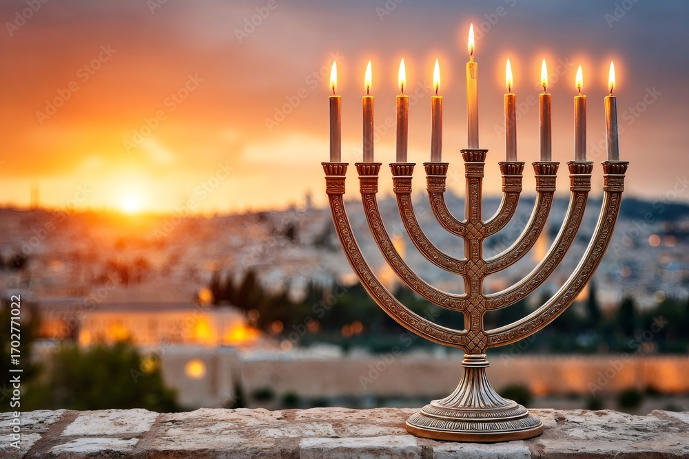 Fototapeta premium Menorah illuminating jerusalem at sunset during hanukkah celebration