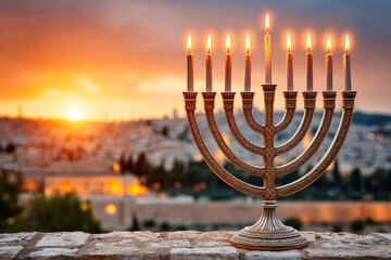 Menorah illuminating jerusalem at sunset during hanukkah celebration