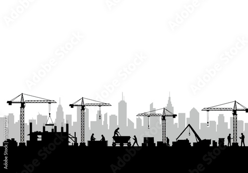 City Construction Site with Multiple Cranes.
