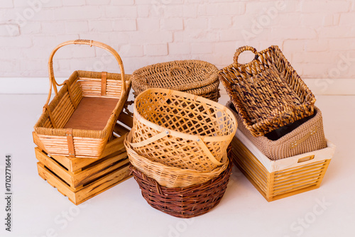 Many kinds of baskets on a stack