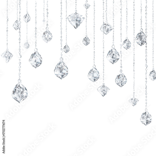 Diamond teardrop cascade.  Many glittering, faceted diamond-shaped pendants hang from fine, delicate strands, creating a dramatic waterfall effect against a black background