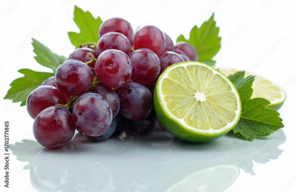 Fototapeta premium Illustration of grape and lime mix on white background. The photo captures refreshing mix, fruit, citrous. Sliced lime, grapes with leaves, concept of summer, tasty cocktail or cold drink.