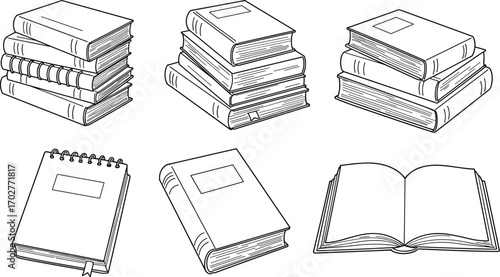 Books, illustration, black and white, line art, drawing, set, collection, stack, sketch, notebook, open, outline, education, study, reading, literature, minimal, clean, academic, graphic
