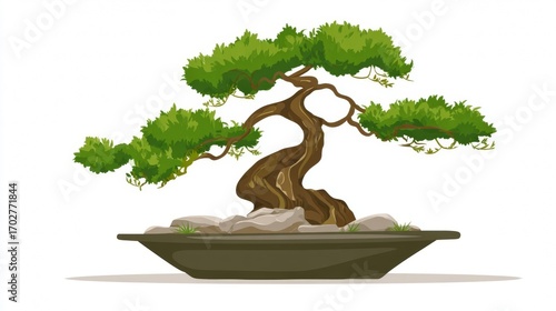 Japanese bonsai tree with green leaves in a pot isolated on a white background for nature and garden design vector illustration