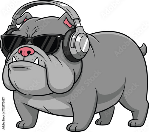 Cartoon bulldog, cool dog, headphones, sunglasses, animal character, music, pet, vector, illustration, tough, funny, stylish, mascot, design