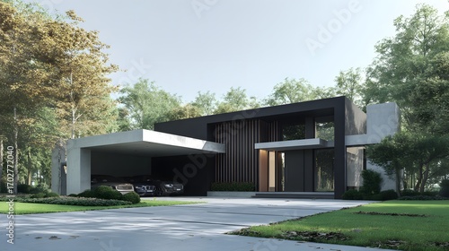 Wallpaper Mural Modern minimalist white house outdoor with large windows, driveway, and landscape garden. Torontodigital.ca