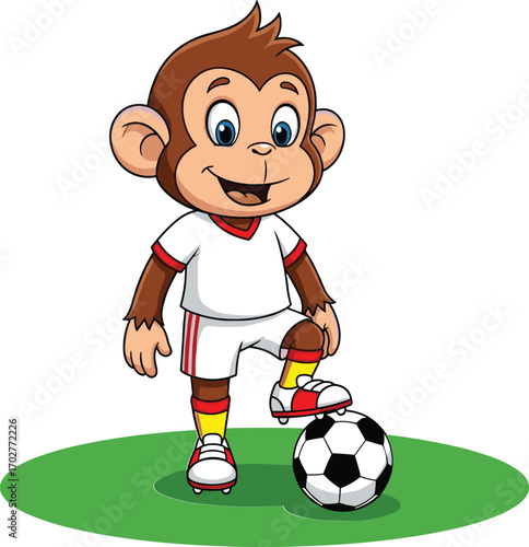 Cartoon monkey playing soccer, animal character, football, sports, children, cute, vector, illustration, athlete, game, boy, fun, smiling, jungle, uniform, grass, active, kid, design, mascot