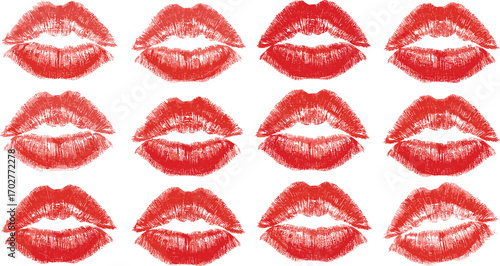 Red lipstick kiss prints in a 3 by 4 grid pattern, symbolizing affection, love, and beauty with varied shades and textures