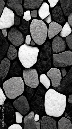 A grayscale close-up shot reveals a mosaic of irregularly shaped stones, varying in shades of gray and white, creating a textured and visually interesting surface.  