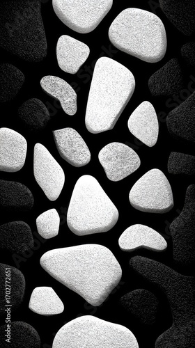 Abstract grayscale image featuring a vertical arrangement of irregularly shaped, pebble-like forms in varying shades of gray and white against a dark background