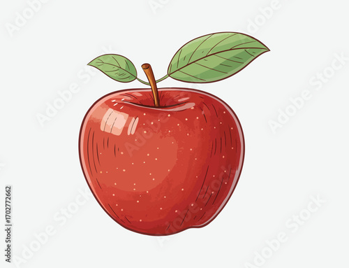 Red apple with green leaves and stem on a light gray background fruit food