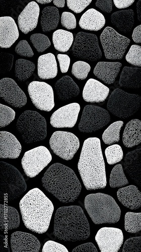 Abstract grayscale image of a pebble mosaic pattern, featuring varying shades of gray and white stones arranged in an organic, flowing design