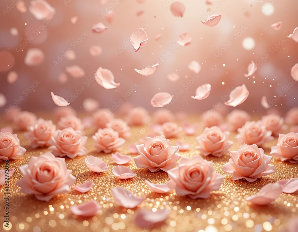 Fototapeta premium Soft pink rose petals gently falling onto a bed of glittering golden flowers, creating a romantic and dreamy atmosphere.