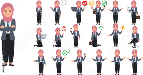 Muslim businesswoman cartoon, hijab character, professional poses, phone, laptop, clipboard, gestures, vector illustration, office, career, workplace, communication, action