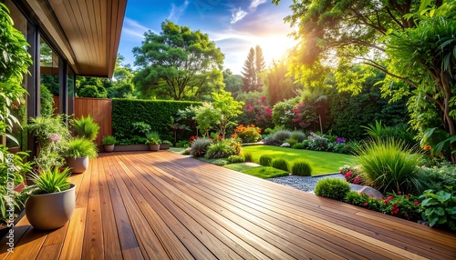 Fototapeta Naklejka Na Ścianę i Meble -  Modern garden deck at sunset