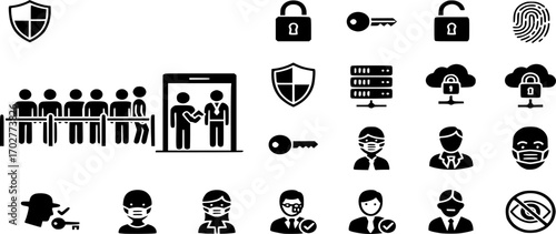 Security line and solid icon set vector. Illustration of Cyber Safety, Privacy, Access Control, and Data Protection