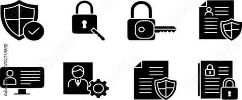 Security line and solid icon set vector. Illustration of Cyber Safety, Privacy, Access Control, and Data Protection