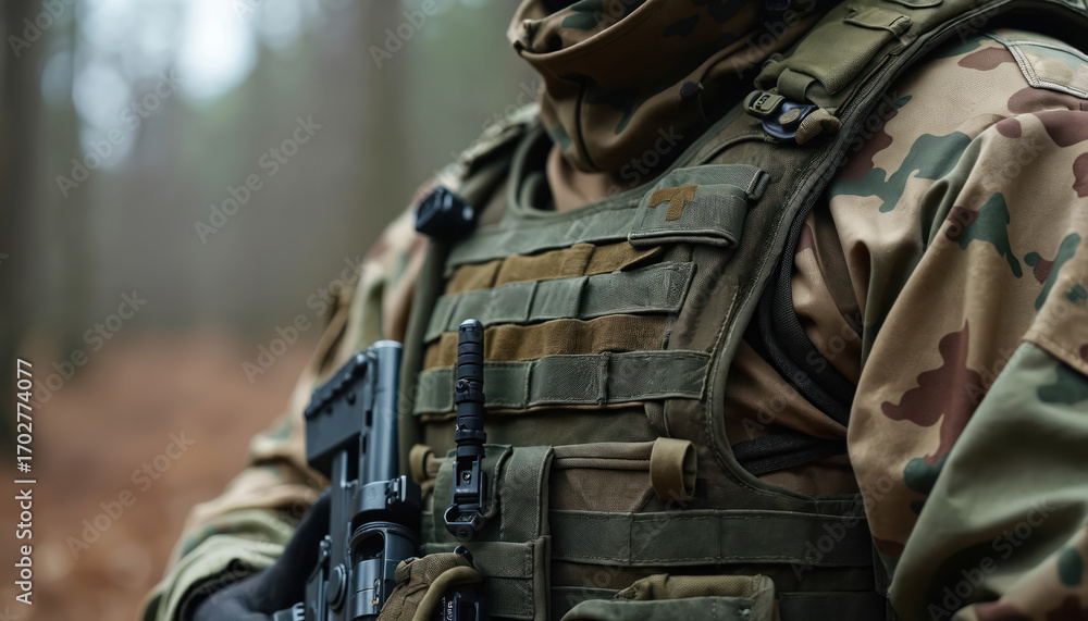 Fototapeta premium Close-up of armed military man with modern rifle, wears camouflage uniform with tactical bulletproof vest in forest area. Soldier ready for action, protects borders, involved in military operations.