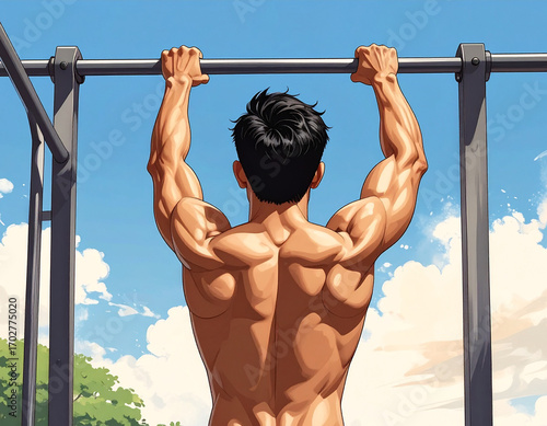 Man doing pull-ups on an outdoor bar with a scenic nature and sky background