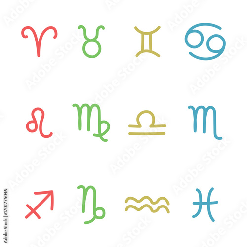 Zodiac Signs Icons. Set. Horoscope Astrology Symbols. Zodiac Signs in Colors of the Elements of Air, Water, Earth, Fire. Infographics. Vector Illustration in Red, Blue, Green, Yellow on White