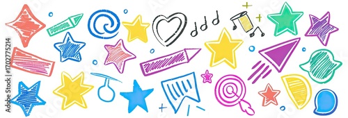 Colorful hand-drawn doodles on white background, featuring stars, shapes, and symbols