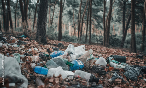 A lot of trash in the forest, environmental issue, pollution