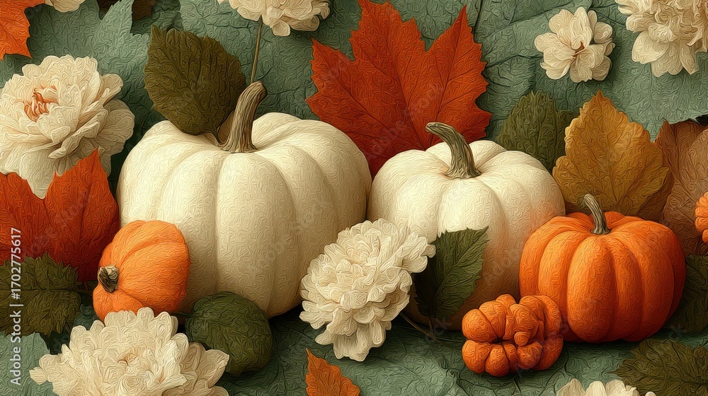 Seamless pattern with autumn leaves and pumpkins on a transparent background, seasonal vector design