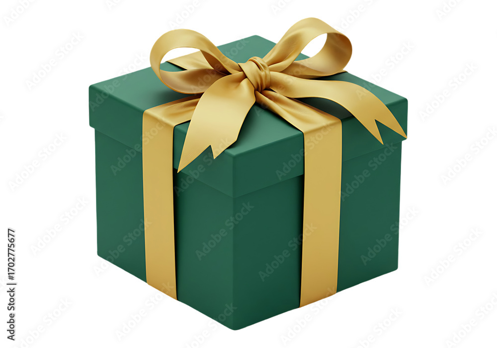Obraz premium Green gift box with gold ribbon isolated on transparent background