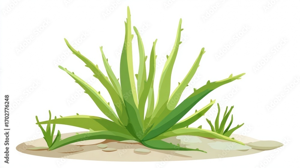 Fototapeta premium Illustration of a vibrant green aloe vera plant with spiky leaves growing in sandy soil, with smaller plants nearby, on a white background.