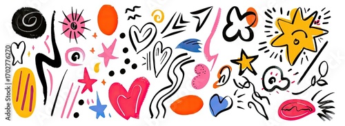 A vibrant collection of hand-drawn shapes and symbols, including hearts, stars, abstract forms, and wavy lines, rendered in a playful and energetic style