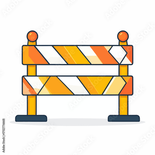 Flat vector of road barrier and warning signs, bold clean lines, isolated white background, perfect for traffic, construction, and safety-related design projects