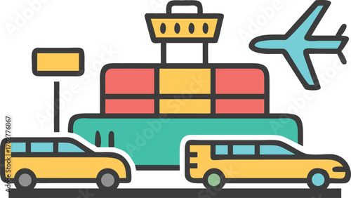 Yellow cars and airplane at airport terminal building with cargo containers vector