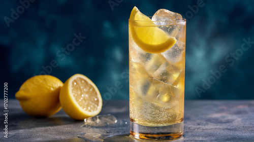 PNG Japanese highball cocktail with ice cubes, lemon wedge garnish, refreshing drink served in tall glass