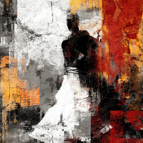 An abstract figure in white, subtly suggested within a bold interplay of red, orange, grey, and white textured brushstrokes, evoking a sense of movement and mood