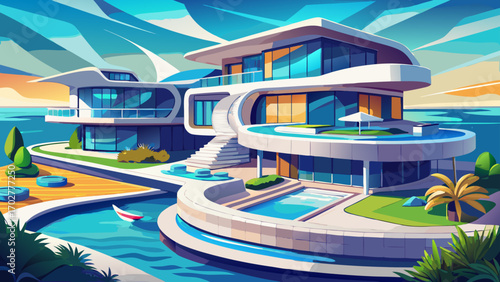 Exclusive waterfront mansion featuring sleek concrete forms, wraparound balconies, and infinity-edge pools merging with the horizon’s blues.