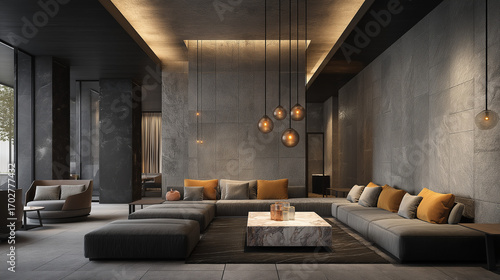 Luxury lounge area with low-profile sofa, marble coffee table, textured gray walls, warm ceiling lighting, minimal decor elements 3D rendering