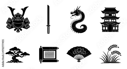Collection of Japanese cultural symbols in silhouette style