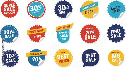 Colorful sale stickers and promo labels with discounts and humorous typos, perfect for marketing banners, ads, or social media