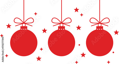 Red hanging Christmas ornaments with bows and stars, festive holiday clipart for greeting cards, decorations, and seasonal design projects