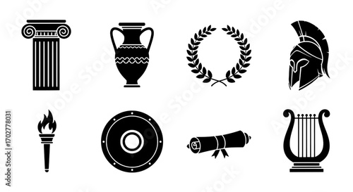 Ancient Greek Culture Icon Set Columns, Vases, and Laurel Wreaths