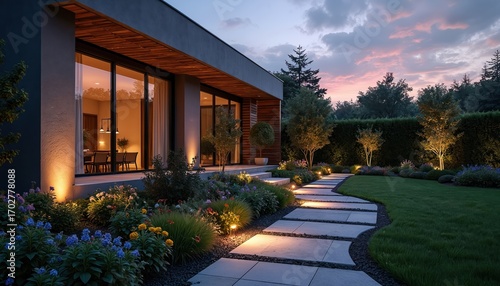 Modern residential house with illuminated pathway through rich garden. Ambient lighting enhances vibrant flowers, manicured lawn. Contemporary architecture, landscaping offer serene backyard living.
