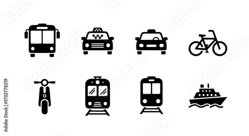 Transportation Icons Set Bus, Taxi, Car, Bike, Scooter, Train, Ship