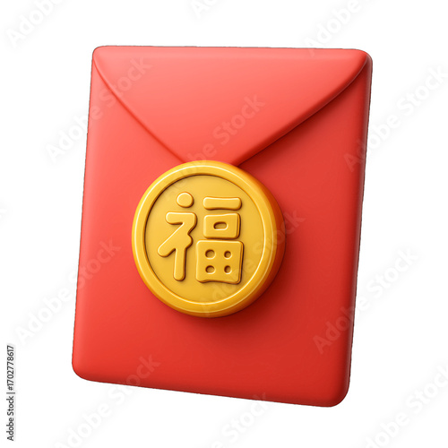 3D plastic icon of red lucky envelope isolated on transparent background