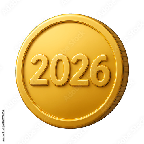 3D plastic icon of golden 2026 lucky coin isolated on transparent background