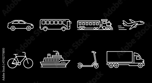 Transportation icons set car, bus, train, plane, ship, bicycle, scooter, truck