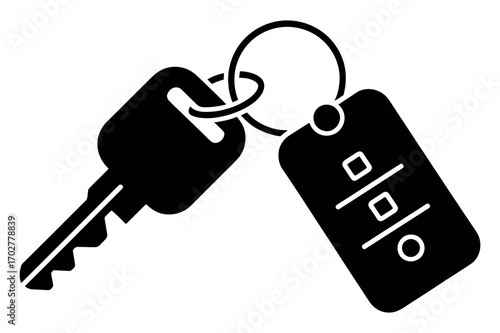Illustration of a car key with a key ring and a remote fob in black and white silhouette